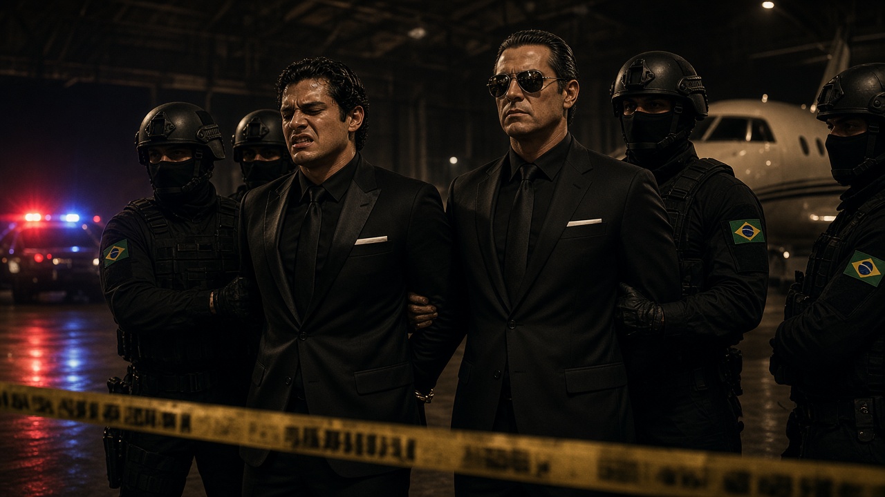 O banqueiro Dantel Mercenaro e o Sicário algemados no hangar, cercados pela Polícia Federal.